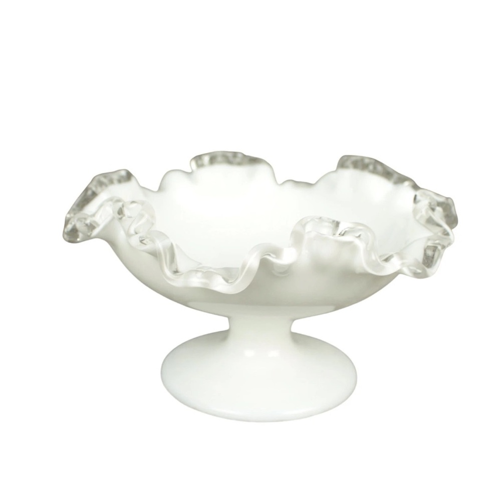 Vintage Fenton Silver Crest Milk Glass Ruffled Edge Pedestal Bowl or Candy Dish